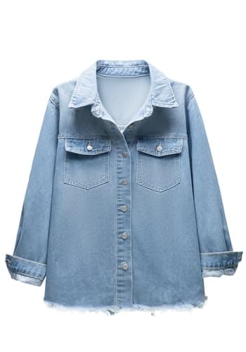 Bosmeer Oversized Denim Jackets for Women Button Down Denim Jacket Western Shacket Jacket with Pockets Frayed Hem Distressed Denim Shirts Country Outfits - Thumbnail 4