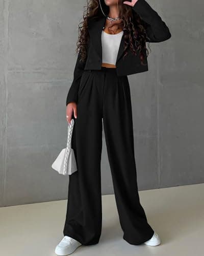 KIRUNDO Blazer Sets Women 2 Piece Outfits Casual Cropped Blazer Jackets High Waist Wide Leg Pant Suits Dressy Office Clothes(Black, X-Large) - Thumbnail 3