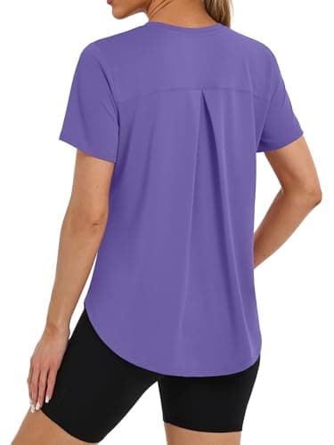 BKRIVE Gym Tops for Women Short Sleeve Workout Shirts Back Crossover Pleat Purple M - Image 1