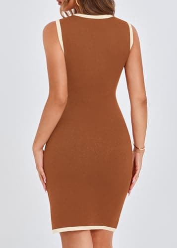 KIRUNDO Women's Work Business Casual Dress 2026 Summer Cocktail Semi Formal Office Elegant Classy Knit Color Block Dresses(Caramel, Small) - Thumbnail 2