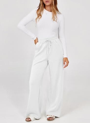 Dokotoo Women's Pants Elastic Waisted Loose Straight Leg Stretch Palazzo Pants Fall Business Casual Ladies Pants White - Thumbnail 3