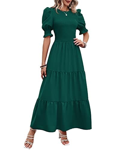 BTFBM Women Casual Summer Dresses 2026 Spring Crew Neck Ruffle Short Sleeve Smocked Floral Boho Flowy Maxi Dress Clothes(Solid Dark Green, X-Large) - Image 1