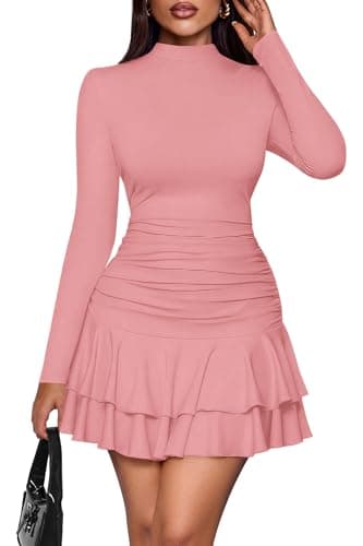 PRETTYGARDEN Womens Spring Long Sleeve Dresses 2026 Mock Neck Ruched Y2K Clothes Ruffle Layered Bodycon Mini Party Dress(Pink,Medium) - Image 1