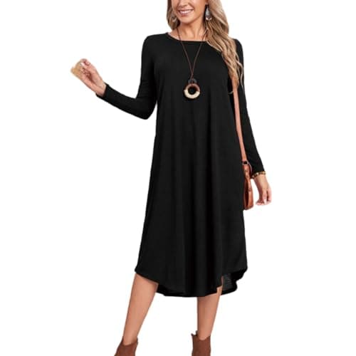 Lounge Dress for Women Long Sleeve Nightgown Midi Long Dress Loose Casual Side Slit Dresses Pocket L Black - Image 1