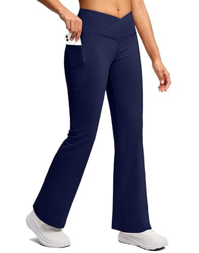 SANTINY Women's Fleece Lined Pants Crossover Yoga Pants High Waisted Bootcut Lounge Water Resistant Thermal Warm Flare Leggings for Women with Pockets 28 Inch(Navy_XXL) - Image 1