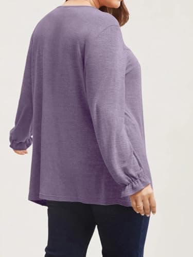 VNIRA Plus Size Long Sleeve T Shirt for Women Oversized Crew Neck Loose Fit Pleated Spring Fall Casual Tunic Top Purple 5XL - Thumbnail 3