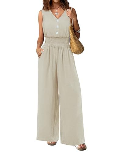 LOOKBOHO Women Spring Jumpsuits Dressy Casual One Piece Outfits Sleeveless V Neck Wide Leg Pants Elegant Rompers(AT,XXL) - Image 1