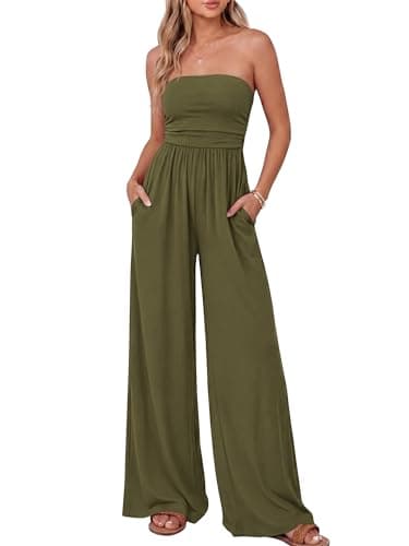 BTFBM Jumpsuits For Women Summer 2026 Beach Vacation Strapless Tube Top Jumpsuit Ruched Casual Wide Leg Pant Rompers(Army Green, XX-Large) - Image 1