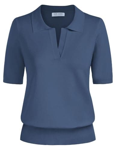 Kate Kasin Women Short Sleeve Polo Sweater Tops Lightweight Dressy Casual Tops Blouses Shirts Grey Blue L - Image 1