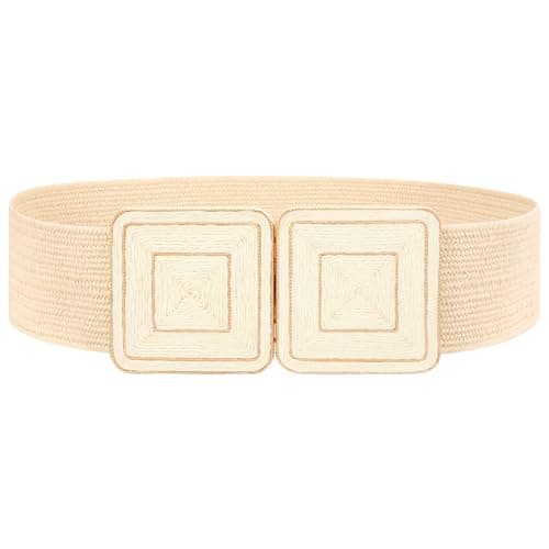 WHIPPY Straw Woven Elastic Belt for Women Fashion Boho Raffia Ladies Belt Braided Wide Stretch Waistband for Dress, Beige, XL - Image 1