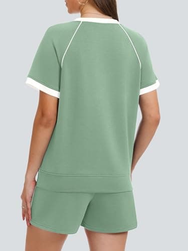 Casly Lamiit Womens Summer Shorts Sets 2 Piece Crewneck Striped Athletic Set Beach Airport Travel Outfit Loungewear Pea Green M - Thumbnail 3