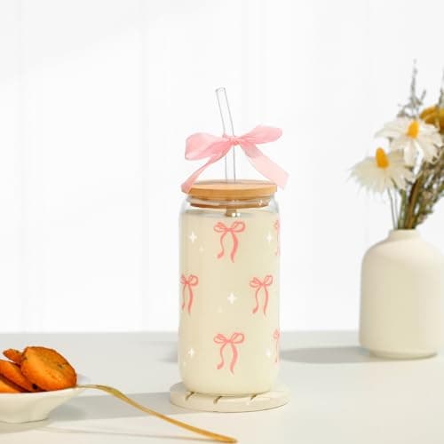 LANGASQUE Coquette Pink Bow Glass Cup with Lids and Straws, 16 oz Cute Glass Cup, Aesthetic Iced Coffee Tumbler with Gift Box Cleaning Brush for Teen Girls Gifts Trendy Stuff Women Girlfriends Gifts - Thumbnail 5
