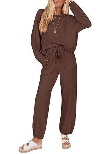 KIRUNDO Lounge Sets for Women 2026 Spring Airport Travel Outfits Ribbed Knit Tops Jogger Pants Tracksuit Postpartum Comfy Set(Coffee, Medium) - Image 1