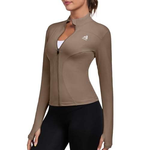 AURVAE Women's Workout Jacket, Womens Cropped Lightweight Running Jackets, Zip Slim Fit Athletic Tops for Gym, Yoga, Jogging (Large, Khaki) - Image 1