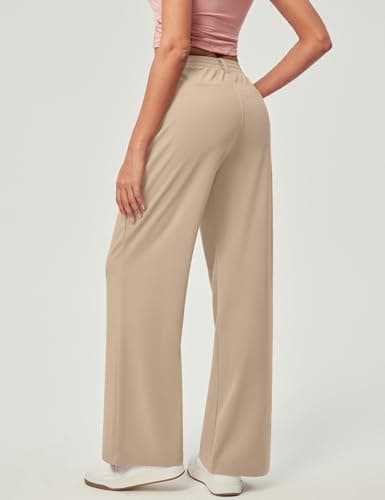 IUGA Wide Leg Pants Woman Pull on Stretchy Work Dress Pants High Waisted Business Casual Trousers Slacks Standard, Small, Light Khaki - Thumbnail 2