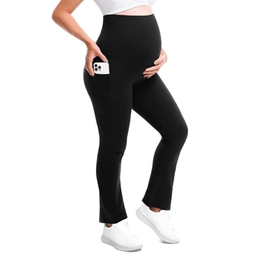 Walifrey Maternity Flared Leggings with Pocket Over The Belly Buttery Soft Pregnancy Yoga Pants Black XXL 32in - Thumbnail 6