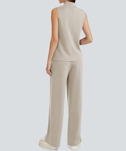 Casly Lamiit Two Piece Sets for Women Lounge Travel Outfits Casual Sweatsuit Matching Airport Clothes Sleeveless Tops Long Jogging Pants Dark Beige XL - Thumbnail 5