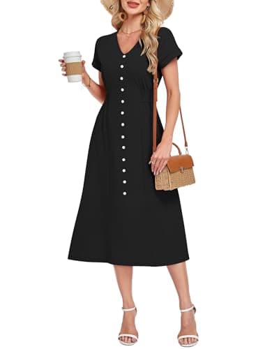 MOLERANI 2026 Women's Casual Summer Midi Dress V Neck Short Sleeve Sundress Button Up Flowy Elastic Waist Pockets Maxi Dresses Cruise Church Modest Teacher Work Outfits, Black, 2XL - Image 1