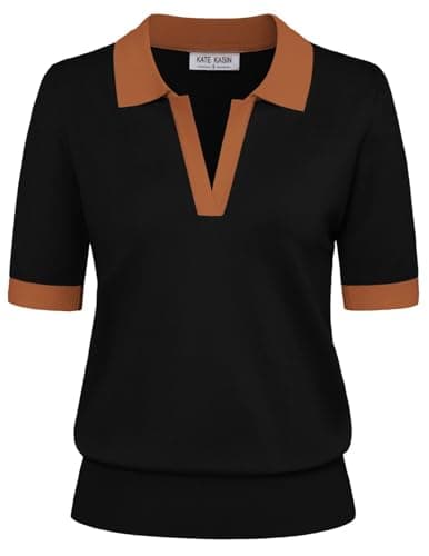 Kate Kasin Women Summer Color Block V Neck Knitted Polo Sweaters Tops Short Sleeve Shirt Casual Pullover Sweater Black Brown XL - Image 1