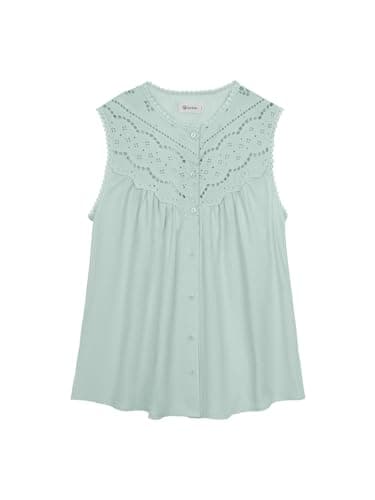 IYICLOTH Women Summer Sleeveless Lace Trimmed Tops Dressy Casual Lightweight Button Down Shirts Flowy Vacation Boho Tank Top,L Green - Thumbnail 6