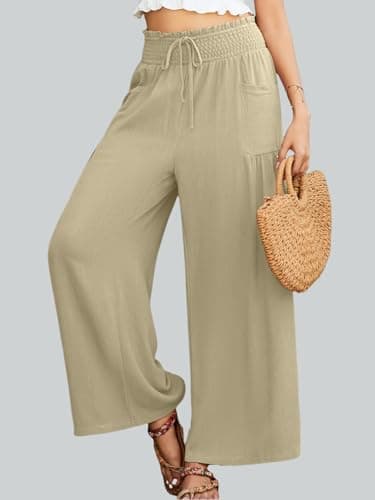 JUYUEO Wide Leg Linen Pants for Women High Waist Casual Flowy Boho Beach Palazzo Trousers with Pockets Apricot L - Thumbnail 2