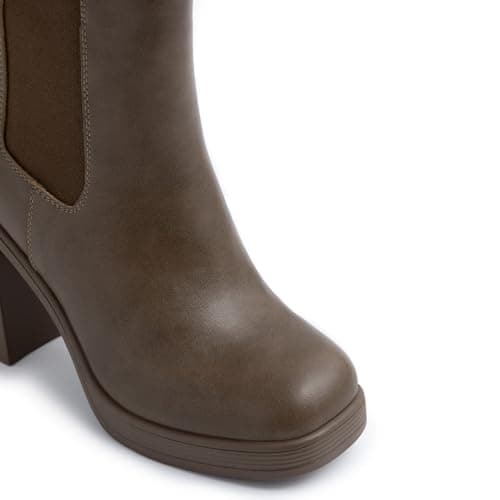 Athlefit Women's Chelsea Platform Boots High Chunky Heel Brown Ankle Boots Square Toe Slip On Elastic Heeled Booties Size 7.5 - Thumbnail 6
