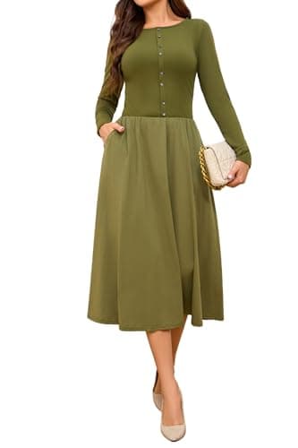 Ystuigc Women Long Sleeve Slim Fit Casual Knit Elegant Midi Winter Spring A Line Army Olive Green Dress with Pockets Ladies Chic Business Work Office Modest Classic Ribbed Medium M Dresses - Image 1