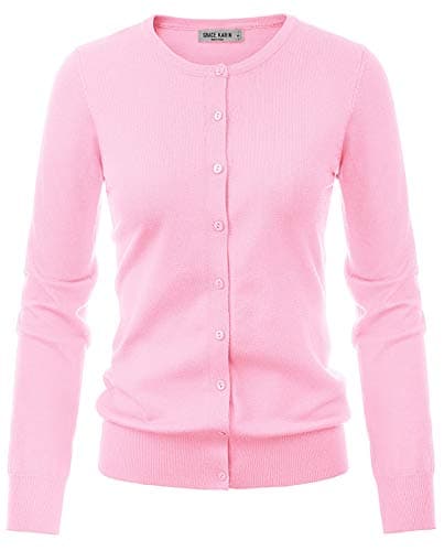 GRACE KARIN Button Up Sweaters for Women Crew Neck Long Sleeve Soft Knit Cardigan Sweaters (XL,Pink) - Image 1