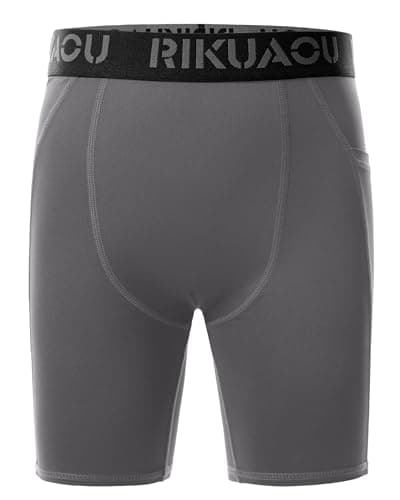 RIKUAOU Youth Boys Compression Shorts with Side Pockets, Kids Athletic Base Layers Running Underwear for Baseball Football Gray - Thumbnail 3