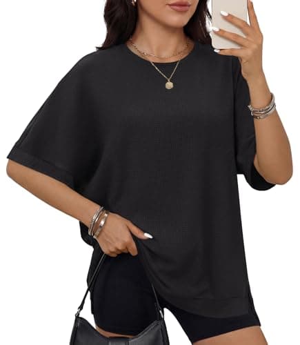 ANRABESS Women Oversized Waffle Knit T-Shirts Summer Casual Short Sleeve Tunic Tops Side Spilt Tee Shirts 2026 Trendy Clothes Black Medium