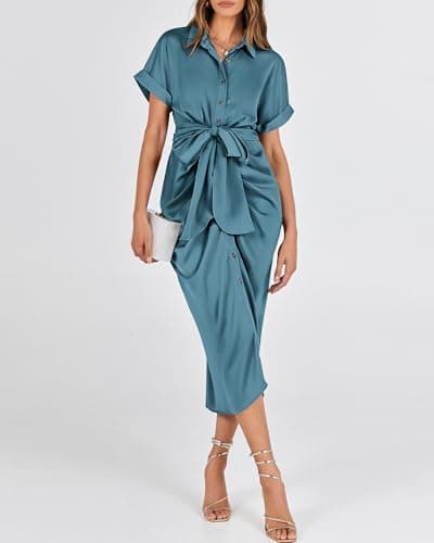 BTFBM Shirt Dresses for Women Spring Button Short Sleeve Silk Satin Ruched Maxi Summer Dress 2026 Cocktail Party Wedding(Blue Green, Small) - Thumbnail 4