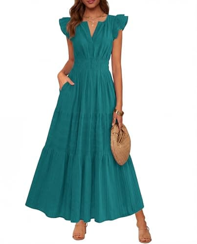 BTFBM Womens Summer Maxi Dress 2026 Spring Boho Vacation Ruffle Flutter Short Sleeve A Line Tiered Flowy Dresses Pockets(Malachite Green, XX-Large) - Image 1