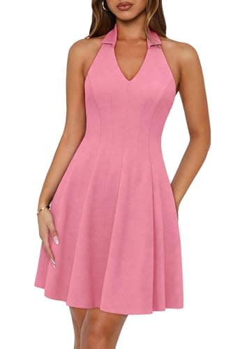 Lazysmile Summer Dresses for Women Sleeveless Halter Lapel V Neck Backless A Line Formal Cocktail Party Short Dress Dark Pink - Image 1