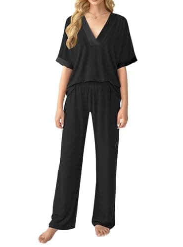 GKBK Womens Two Piece Outfits Pajama Sets 3/4 Dolman Sleeve V Neck Sleepwear Nightwear Loungewear Matching Pjs 2 Piece Lounge Set Lightweight Loose Sweatsuit Fall Fashion Ooutfit Black S - Thumbnail 2