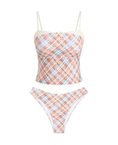 ZAFUL Cute Crop Tankini Swimsuits for Women Retro Y2K High Cut Two Piece Bathing Suit 2026 Beach Swimwear,Plaid Orange,M