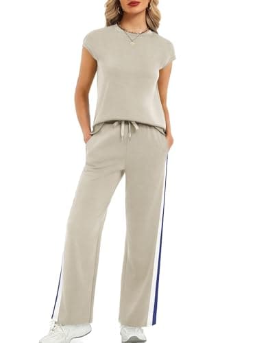 Casly Lamiit 2 Piece Sets for Women Summer Travel Sets Crew Neck Casual Pants Set Cap Sleeve Matching Sets Clothing Dark Beige L - Image 1