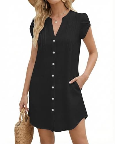 Bsubseach Womens Swimsuit Cover Up Button Down V Neck Beach Cover Ups Petal Short Sleeve Dress with Pockets White S - Image 1
