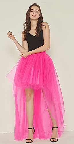 Bellady Women Mesh Tulle High Low High Waist Tutu Princess Wedding Skirt,Fuchsia - Thumbnail 2