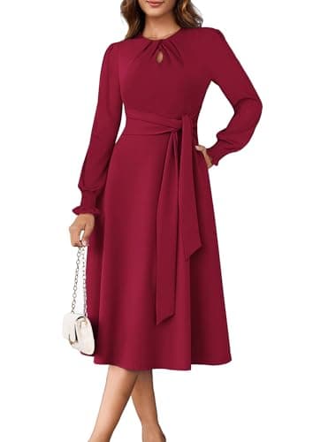 ECOWISH Womens Dresses 2025 Fall Long Sleeve Tie Waist Casual Wedding Guest Party Cocktail Flowy A Line Midi Dress with Pockets Wine Red X-Large - Image 1