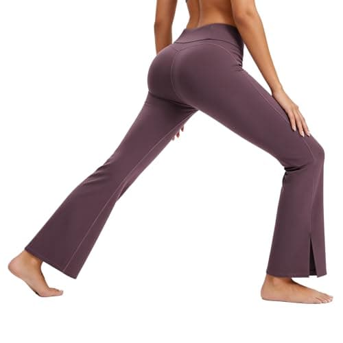 AMLEER Women's High Waist Full-Length Flare Leggings with Side Slit - Tummy Control Butt Lifting Gym Yoga Pants (Brown, Small) - Image 1