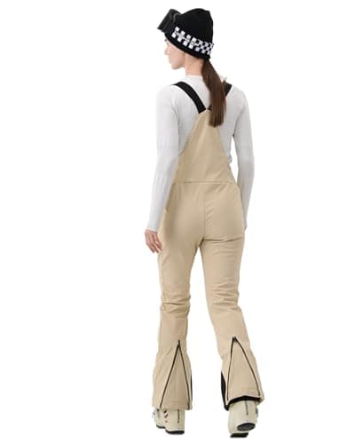 HIGH EXPERIENCE Womens Ski Bib Pants Skinny Soft Shell Snow Overalls Slim Fit Fitted Snowboard Insulated Waterproof Windproof (Light Khaki, X-Small) - Thumbnail 2