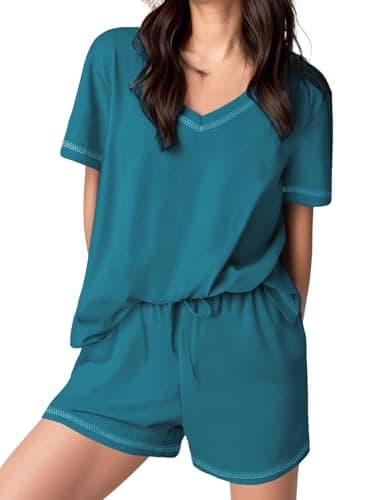 Ekouaer Womens Pajamas Sets Soft 100% Cotton Pjs Short Sleeve Lounge Sets Casual Two Piece Pjs With Pockets Blue Green XXL - Image 1