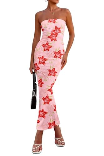 PRETTYGARDEN Women's 2026 Summer Floral Bodycon Maxi Dresses Ribbed Strapless Tube Casual Boho Party Long Dress (Floral Pink Red,Large) - Image 1
