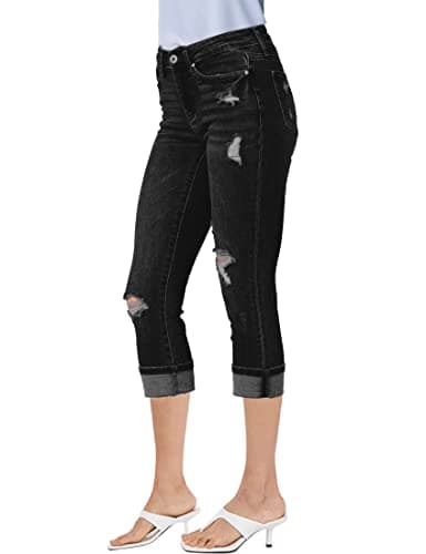 luvamia Women's Casual High Waist Ripped Capri Jeans Black Crop Jeans for Women Jeans Women Trendy Distressed Jeans Women Size 3X-Large Fits Size 24 / Size 26 - Thumbnail 5