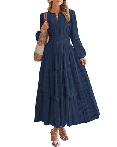 BTFBM Spring Dresses for Women 2026 Casual Long Sleeve V Neck Elastic Waist Lightweight Maxi Wedding Guest Dress Pockets(Navy, Small) - Image 1