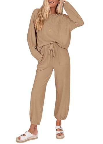 KIRUNDO Lounge Sets for Women 2026 Spring Airport Travel Outfits Ribbed Knit Tops Jogger Pants Tracksuit Postpartum Comfy Set(Khaki, XX-Large) - Image 1