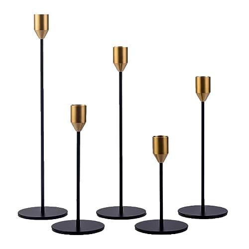 MENONEE Set of 5 Black Taper Candlestick Holders with Brass Top, Metal Candle Stick Holder, Antique Mid-Century Candle Holders for Table Centerpiece, Mantel, Dining Table Decor - Image 1