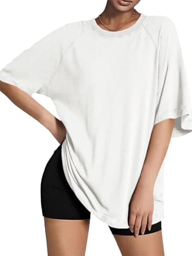 Tankaneo Womens Oversized Tshirts Crew Neck Short Raglan Sleeve Tunic Tops Summer Casual Loose Fit Workout Tee Shirts White - Image 1