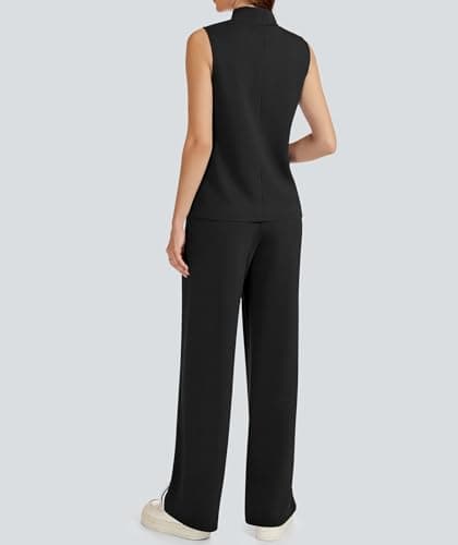 Casly Lamiit 2 Piece Lounge Set Women Travel Outfits Casual Tracksuit Jogging Sweat Activewear Mock Neck Sleeveless Top Long Pants Black S - Thumbnail 5