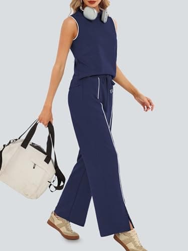 Casly Lamiit 2 Piece Sets for Women Summer Lounge Sets Sleeveless Tops Travel Cruise Outfits Resort Wear Navy Blue XS - Thumbnail 3